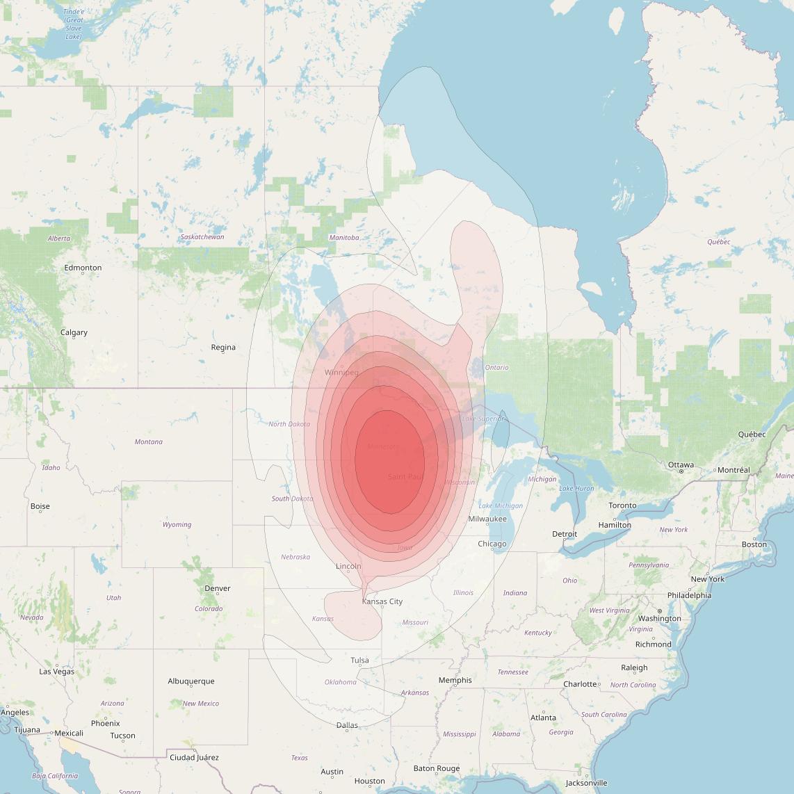 Directv 9S at 101° W downlink Ku-band CB16 (Minneapolis) Beam coverage map