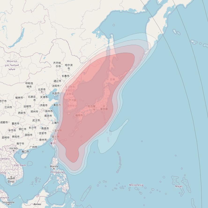 Asiasat 8 at 105&deg; E downlink Ku-band Japan beam coverage map