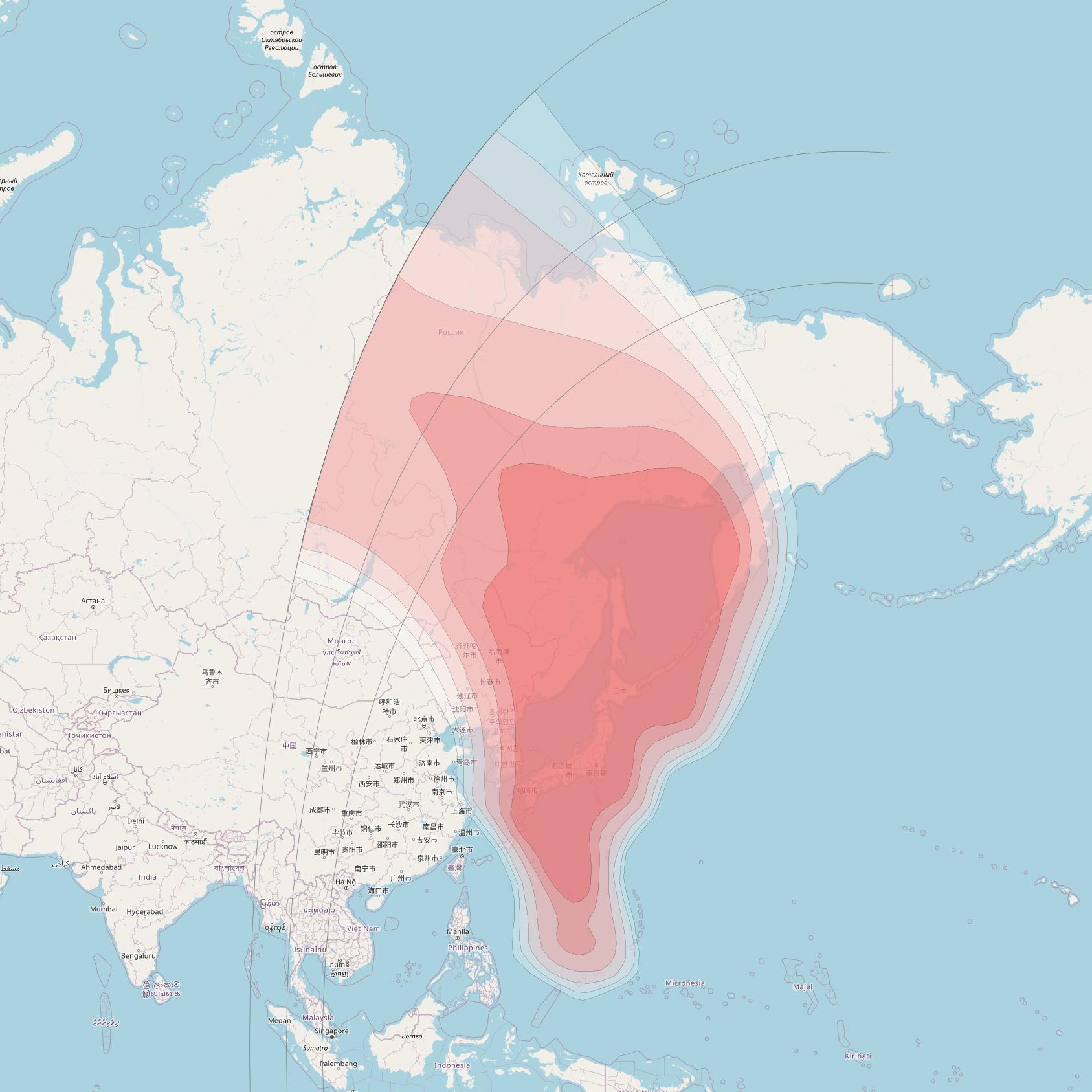 Eutelsat 174A at 174° E downlink Ku-band North East Asia beam coverage map