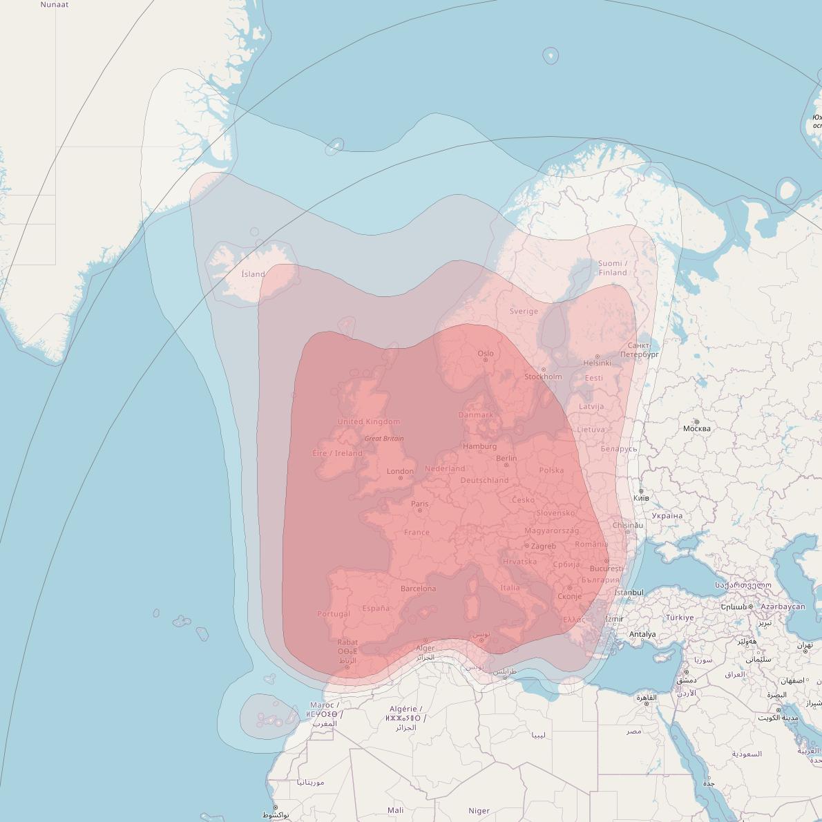 Astra 1KR at 19° E downlink Ku-band Europe Beam coverage map