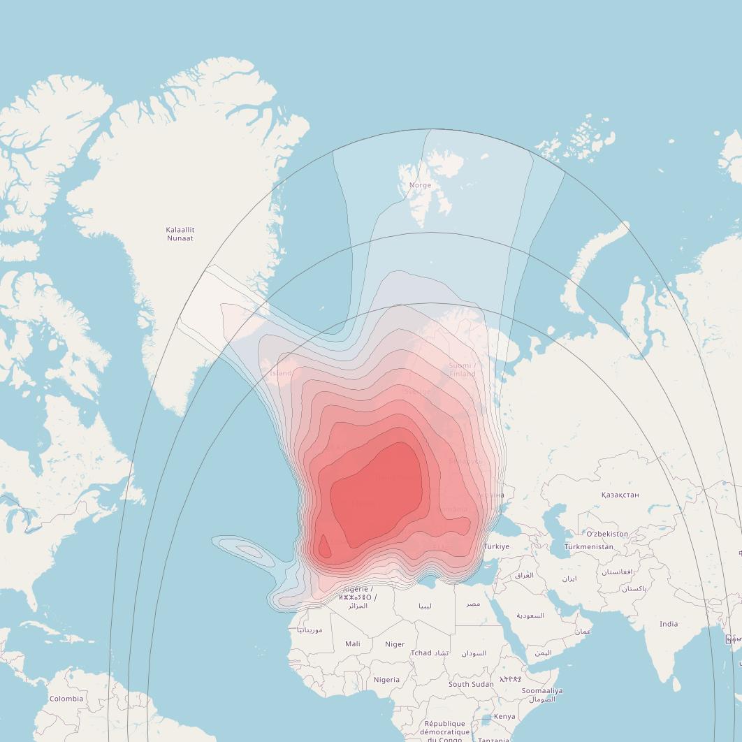 Astra 1P at 19&deg; E downlink Ku-band Pan European 1 beam coverage map
