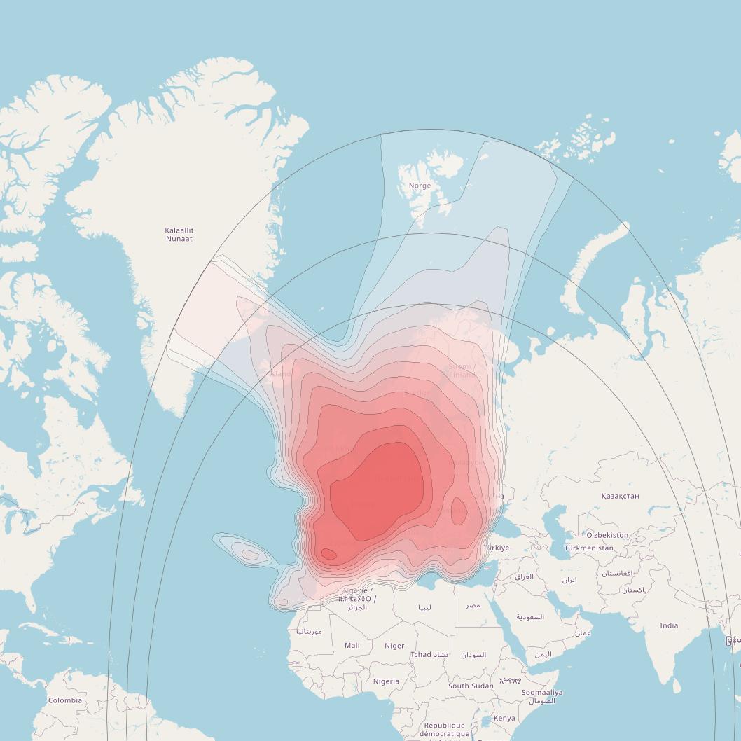 Astra 1P at 19&deg; E downlink Ku-band Pan European 2 beam coverage map