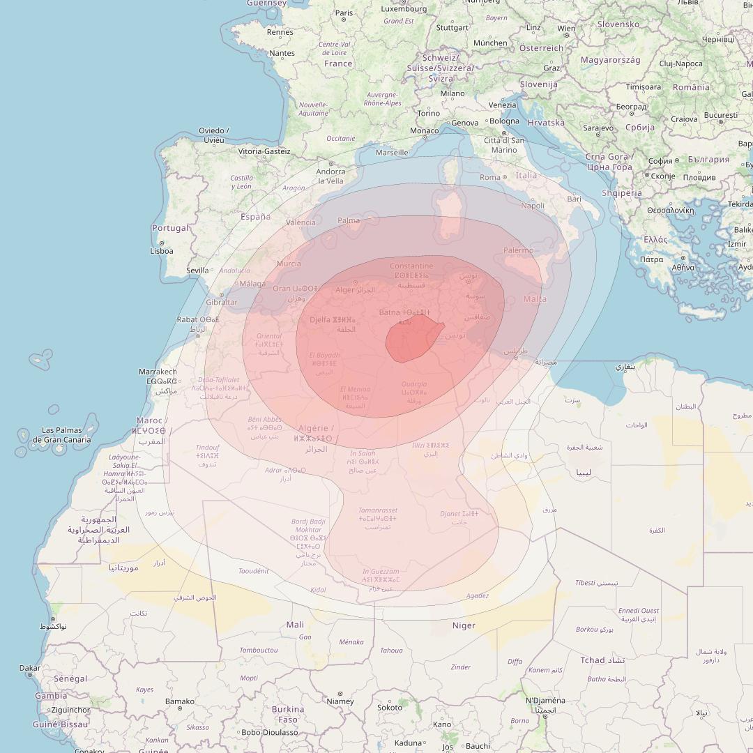 AlComSat 1 at 25° W downlink Ku-band North Africa beam coverage map