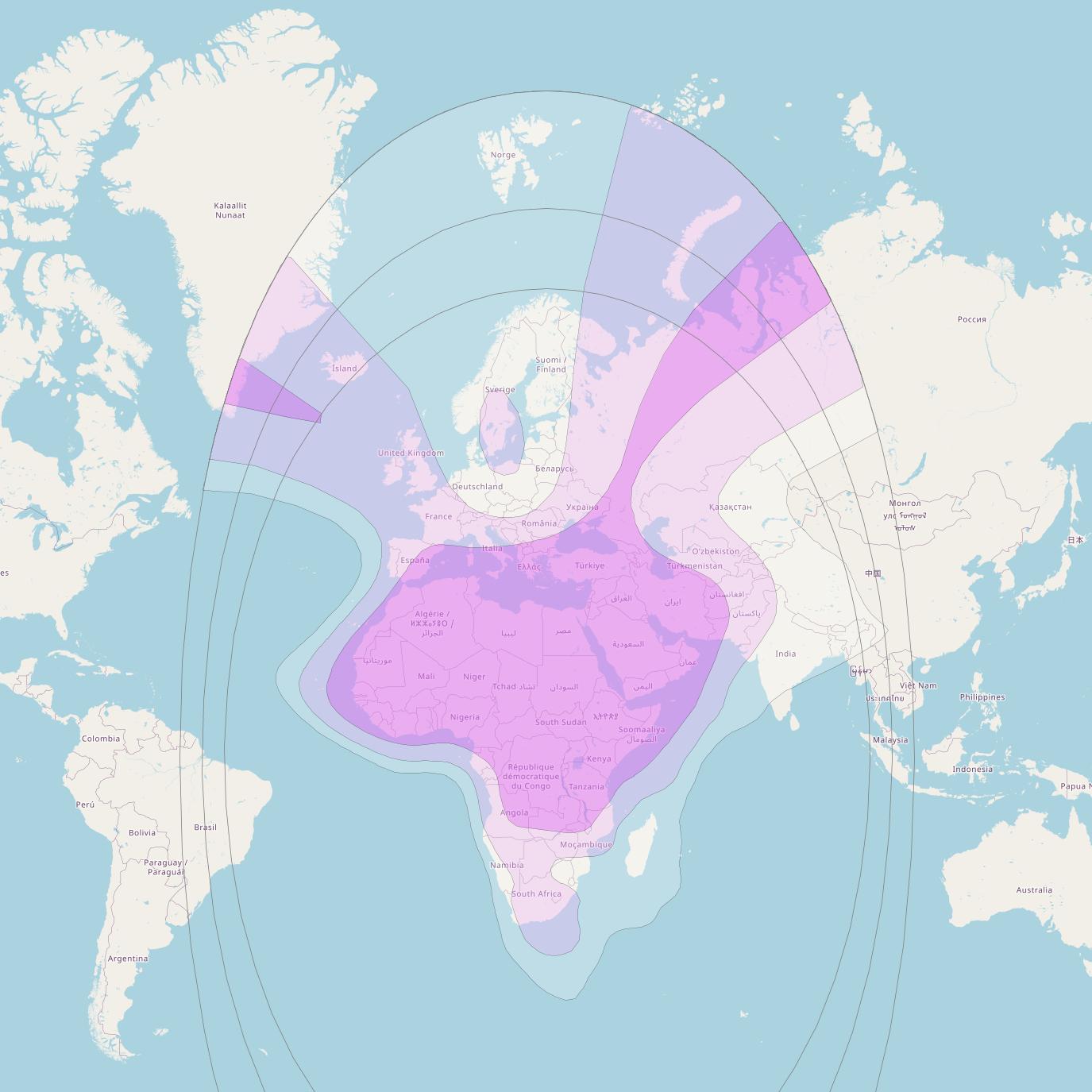 BADR 8 at 26&deg; E downlink C-band Global beam coverage map