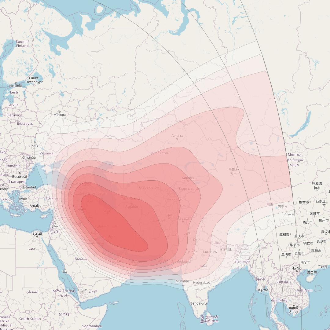 Badr 5 at 26° E downlink Ku-band Central Asia Beam coverage map