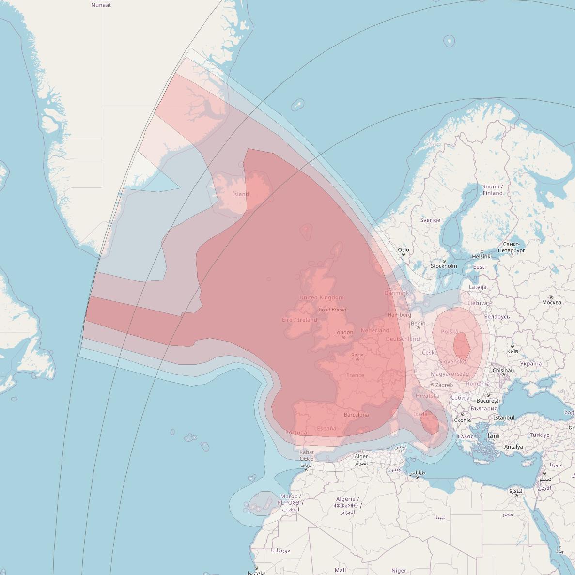 Astra 2E at 28° E downlink Ku-band Europe beam coverage map