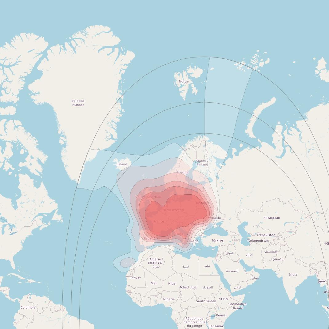 Astra 2G at 28° E downlink Ku-band Europe beam coverage map