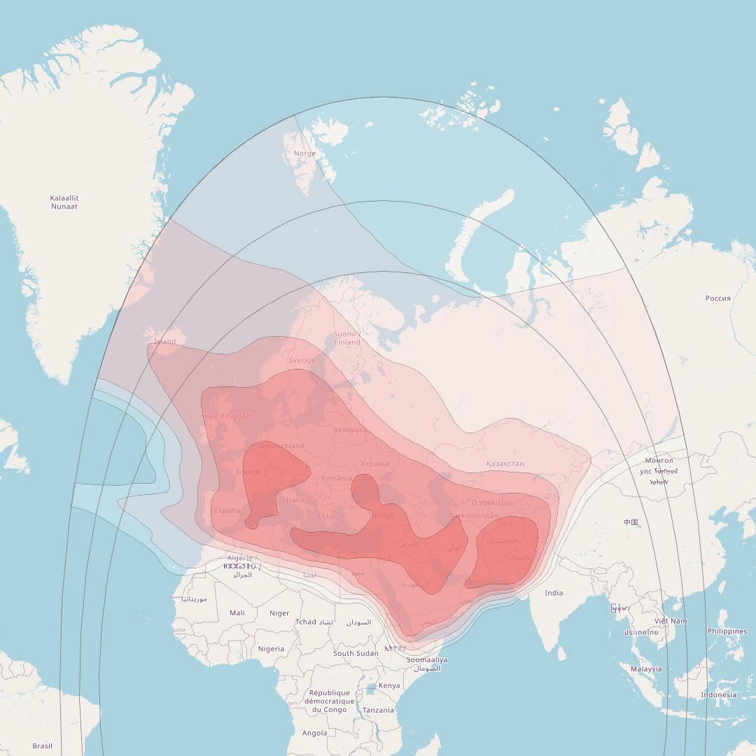 Eutelsat 36D at 36&deg; E downlink Ku-band Eurasia beam coverage map