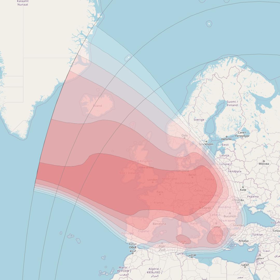 Eutelsat 36D at 36&deg; E downlink Ku-band Western beam coverage map