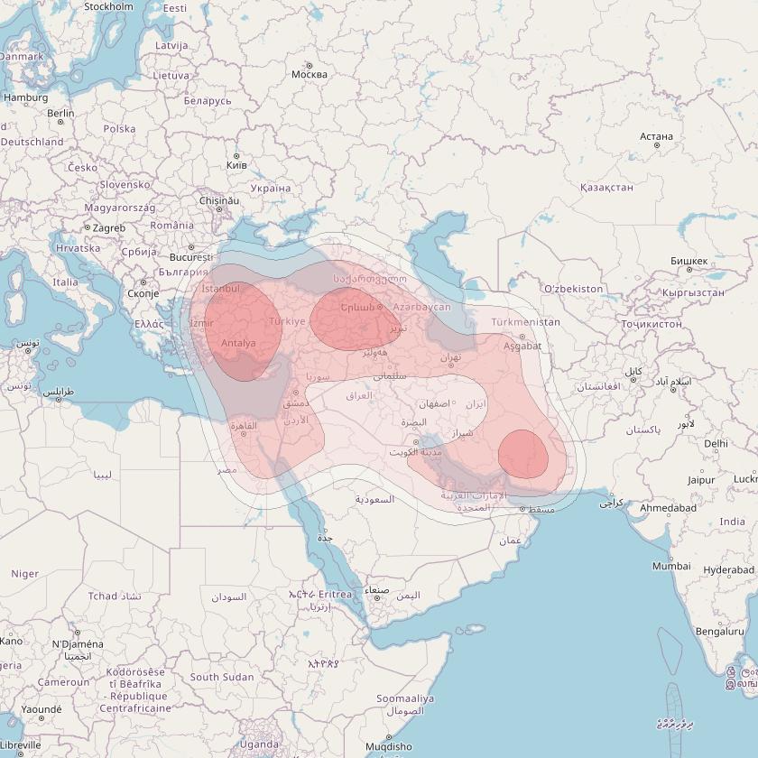 Turksat 5B at 42° E downlink Ku-band Middle East beam coverage map