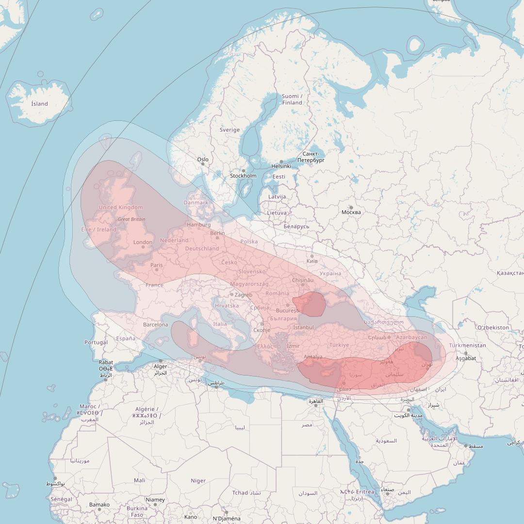 Turksat 5B at 42° E downlink Ku-band West beam coverage map