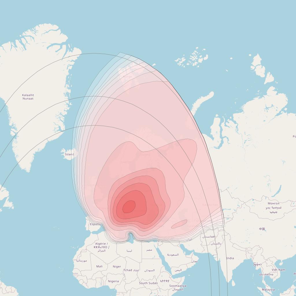 Amos 3 at 4° W downlink Ku-band Europe Vertical pol. Beam coverage map