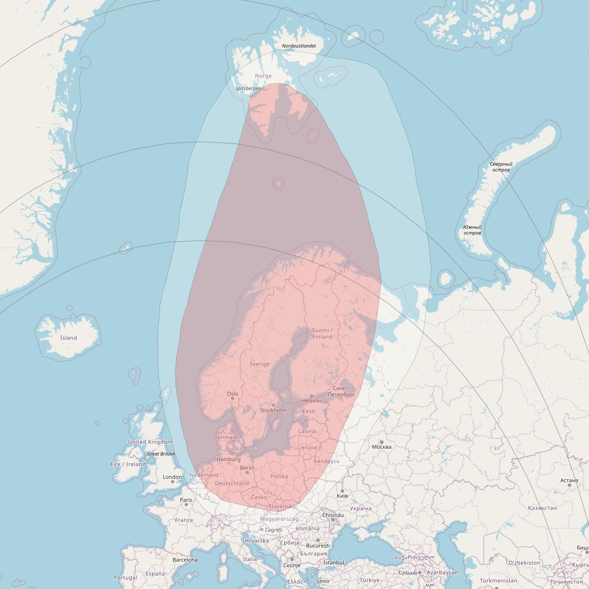 Astra 4A at 5° E downlink Ku-band Nordic BSS Beam coverage map