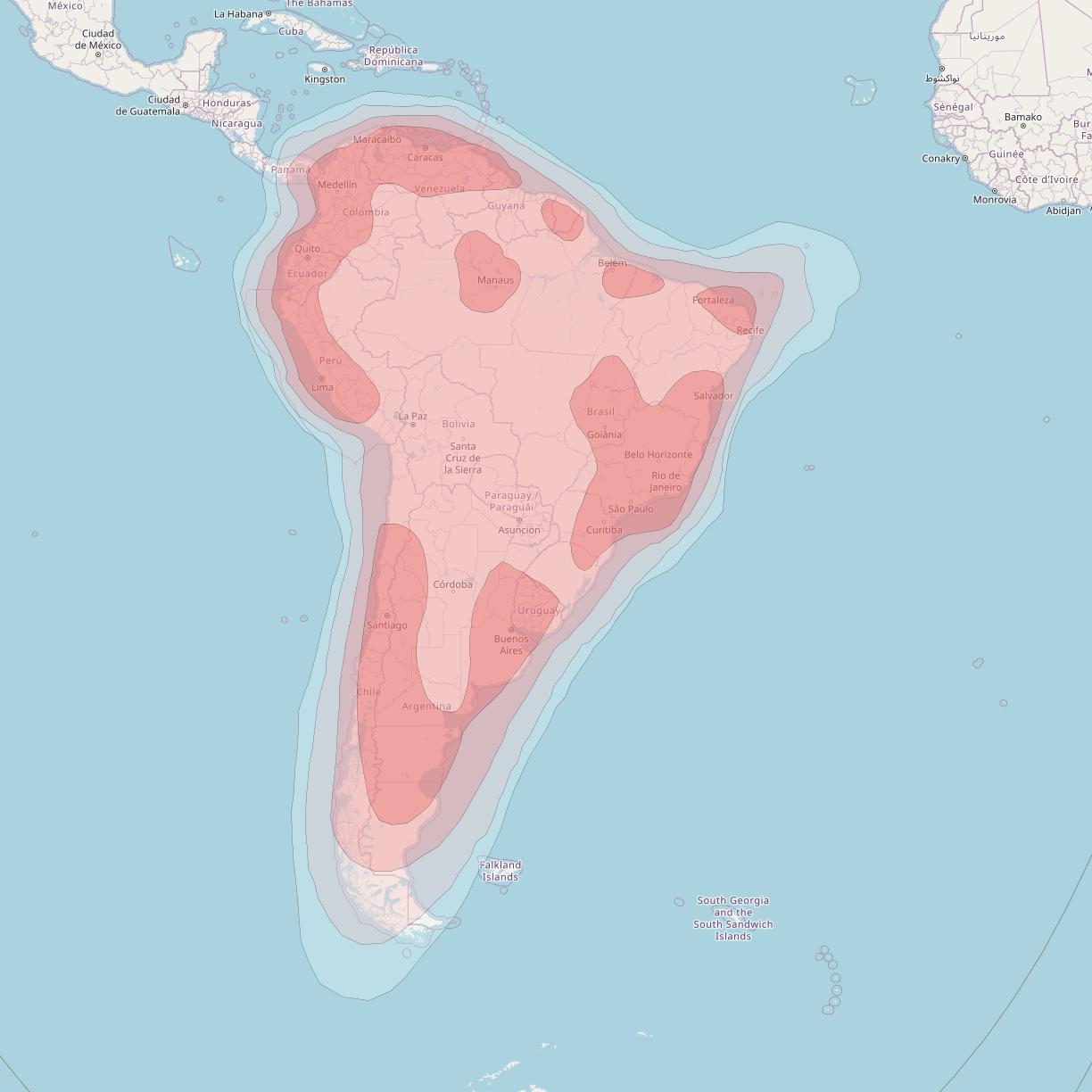 Amazonas 2 at 61° W downlink Ku-band South America Beam coverage map