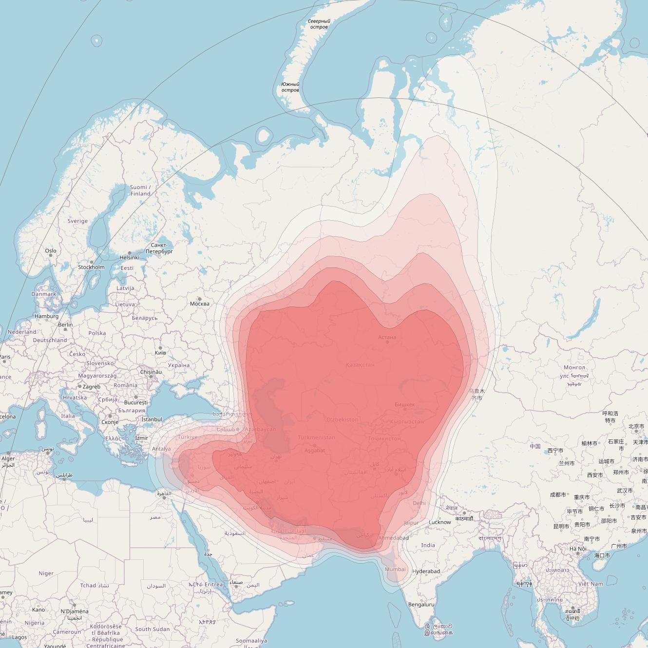 Eutelsat 70B at 70° E downlink Ku-band Central Asia beam coverage map