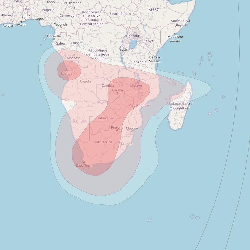 Nilesat 301 at 7° W downlink Ku-band South Part of Africa beam coverage map